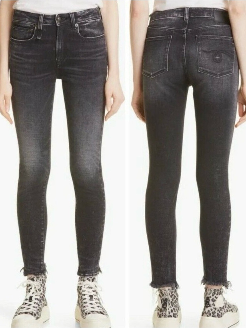 R13 Alison Skinny Jeans Black Distressed Raw Hem Size 31